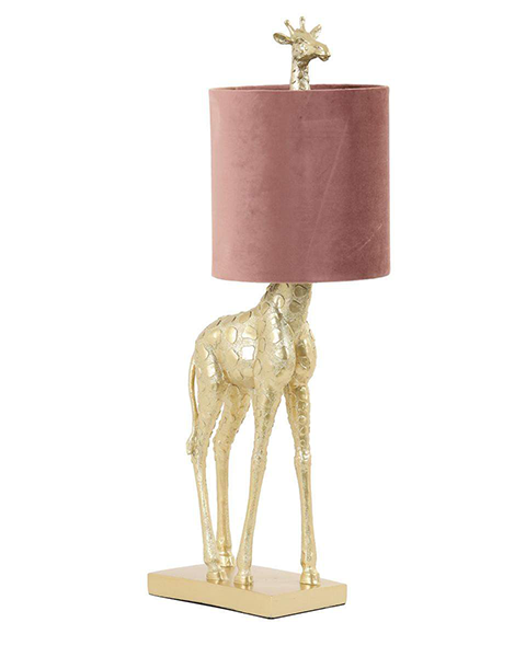 Unieke gouden lamp in een vorm van een giraffe met en roze lampenkap