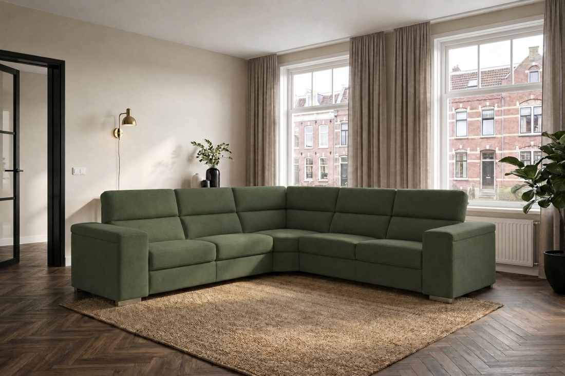 Harderwijk 2 + Hoekelement Groot + 2 Zits (Zonder Relax) in groen – kleurimpressie – A-meubel