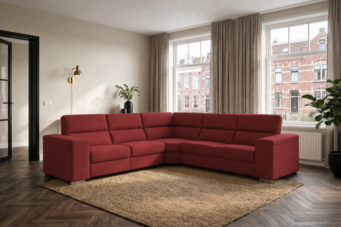 Harderwijk 2 + Hoekelement Groot + 2 Zits (Zonder Relax) in rood – kleurimpressie – A-meubel