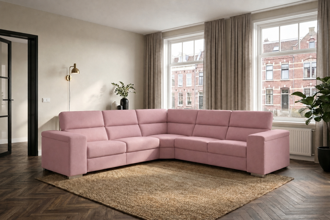 Harderwijk 2 + Hoekelement Groot + 2 Zits (Zonder Relax) in roze – kleurimpressie – A-meubel