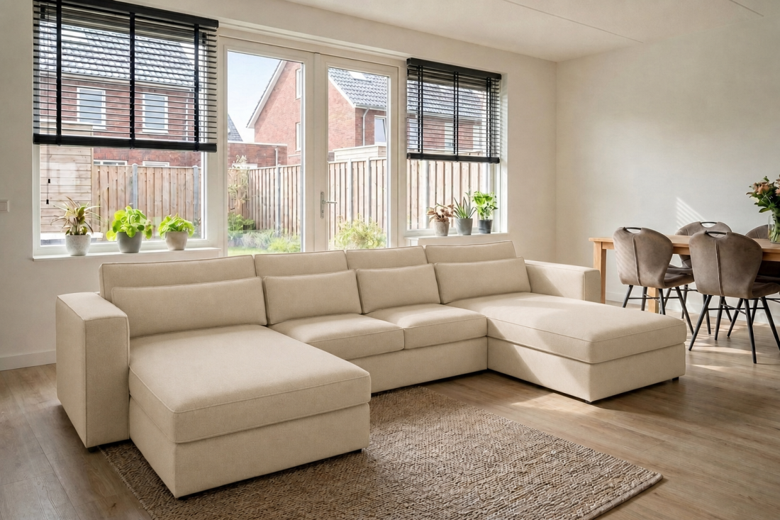 Blaricum Longchair + 2 + Longchair in beige – kleurimpressie – A-meubel