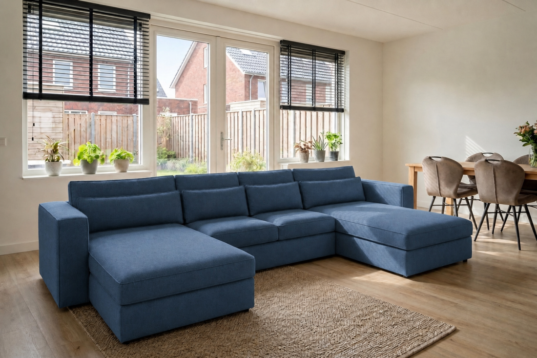 Blaricum Longchair + 2 + Longchair in blauw – kleurimpressie – A-meubel