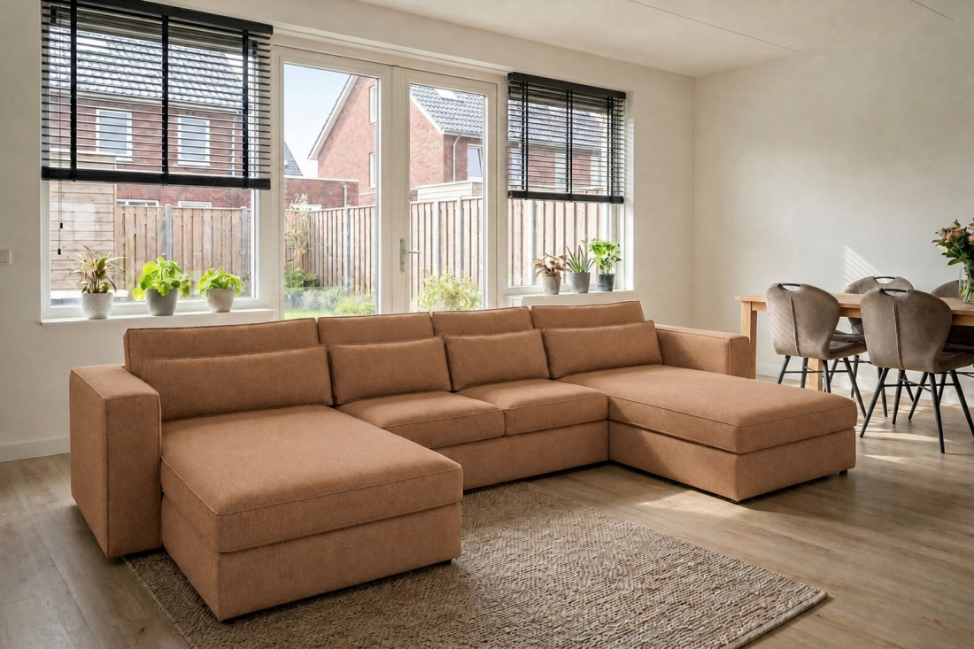 Blaricum Longchair + 2 + Longchair in cognac – kleurimpressie – A-meubel