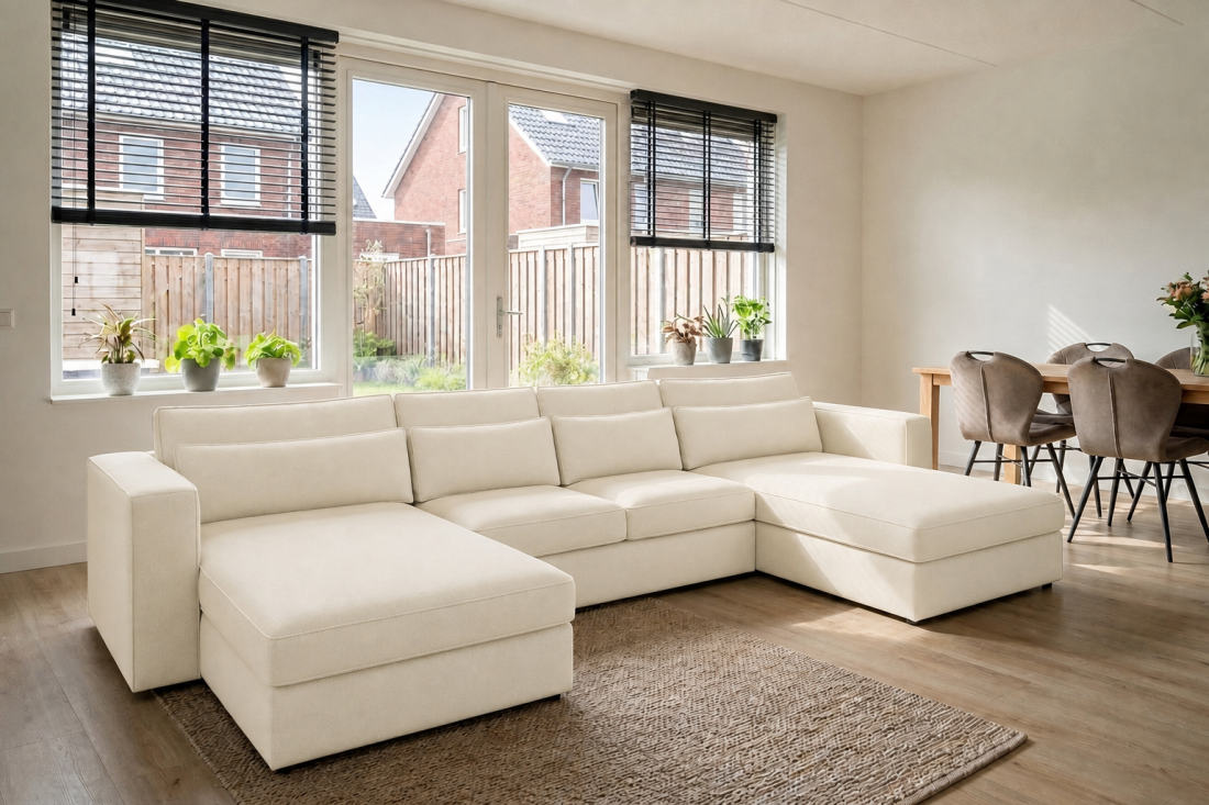 Blaricum Longchair + 2 + Longchair in creme – kleurimpressie – A-meubel