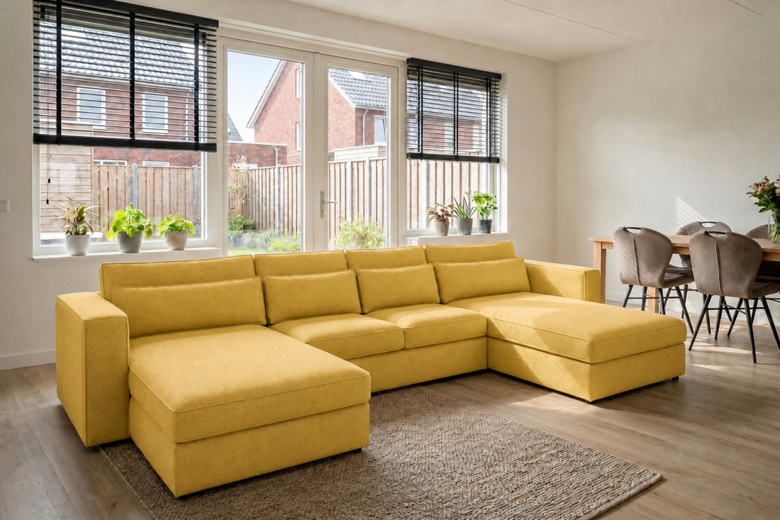 Blaricum Longchair + 2 + Longchair in geel – kleurimpressie – A-meubel