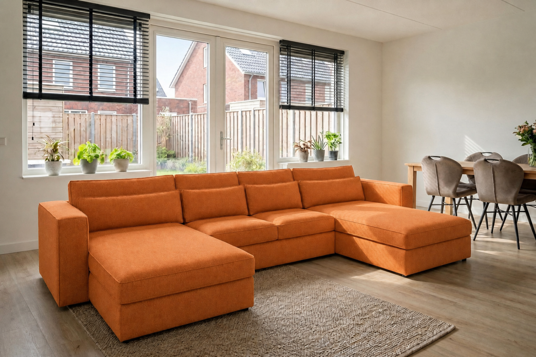 Blaricum Longchair + 2 + Longchair in oranje – kleurimpressie – A-meubel
