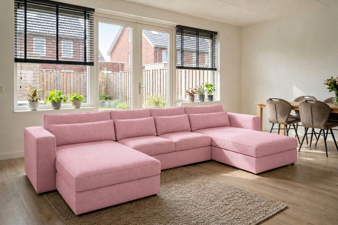 Blaricum Longchair + 2 + Longchair in roze – kleurimpressie – A-meubel