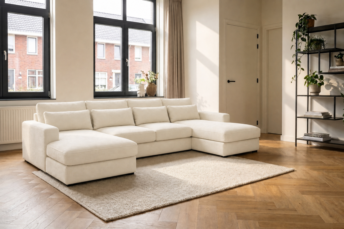 Ijsselstein Longchair + 2 + Longchair in creme – kleurimpressie – A-meubel