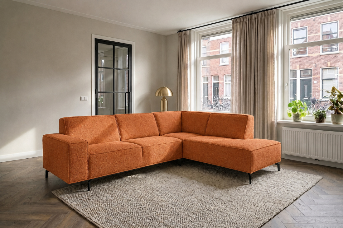 Heerlen 2.5 Zits + Ottomaan in oranje – kleurimpressie – A-meubel