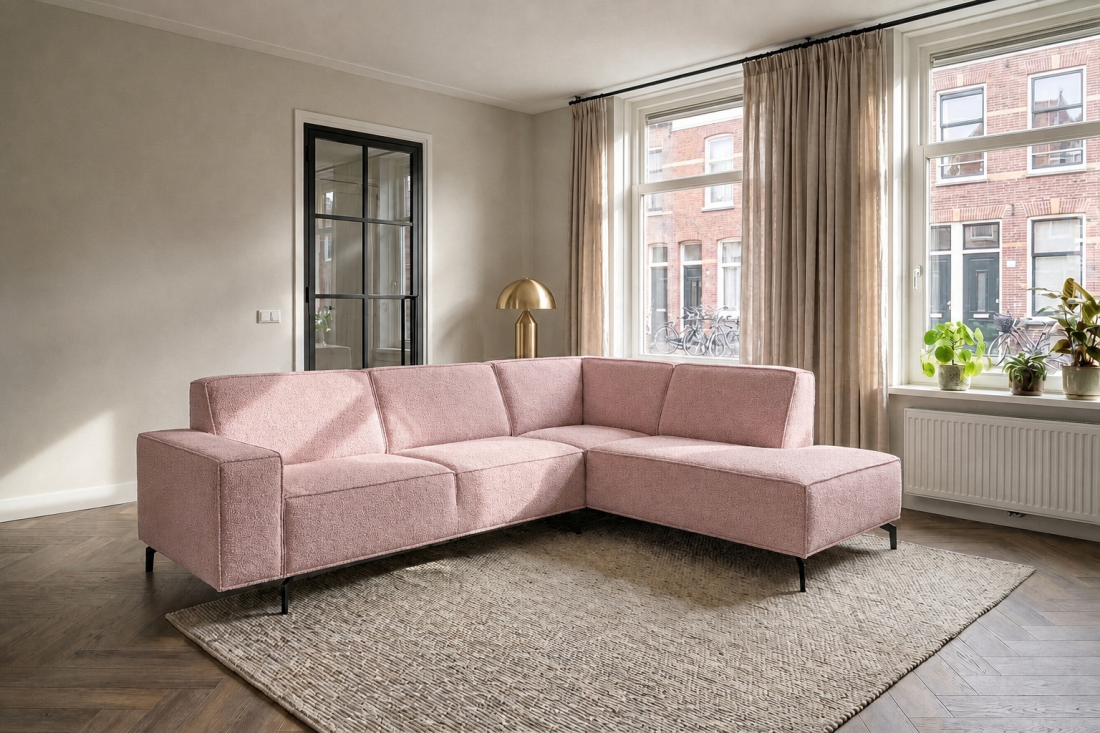 Heerlen 2.5 Zits + Ottomaan in roze – kleurimpressie – A-meubel