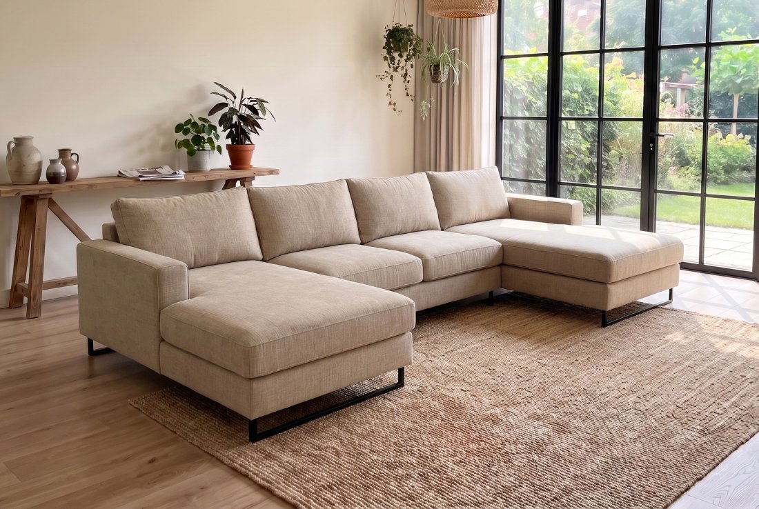 U-bank Naaldwijk Longchair + 2 + Longchair + 2 Zits + Longchair in beige – A-meubel